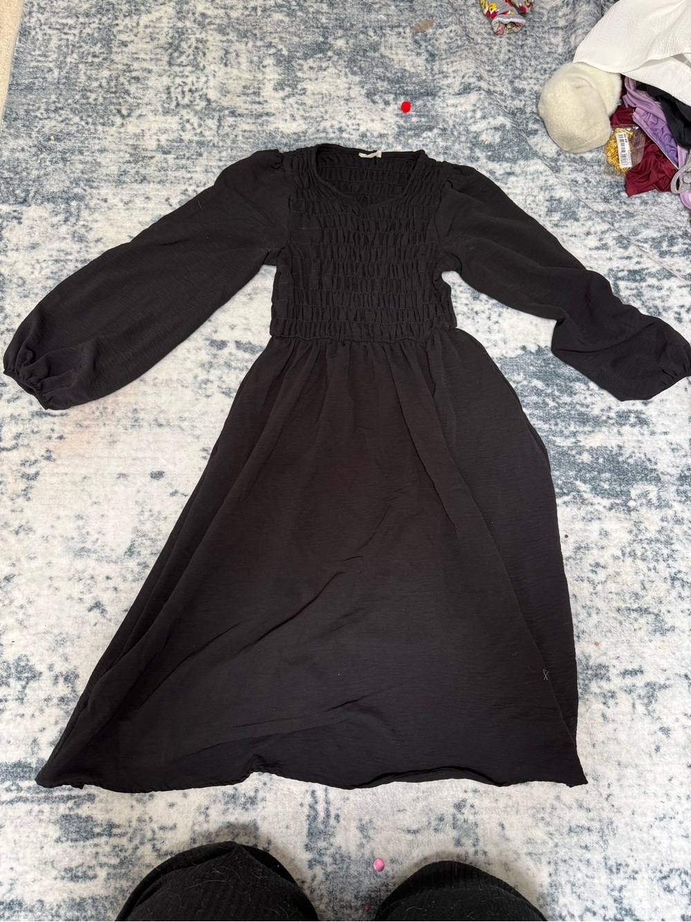 Black Smocked Waist Long Sleeve Women’s Dress